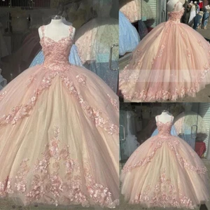 Pink Quinceanera Dresses Lace 3D Floral Beaded Sweet 15 16 Party Prom Ball Gown - Picture 1 of 13