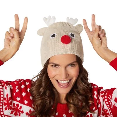 DRESSFORFUN Mütze Rentier Strickmütze Wintermütze Weihnachten rote Nase Geweih Elch