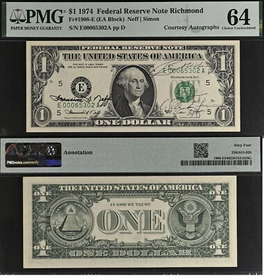 1974 $1 Federal Reserve Note - PMG 64 - Dual Autograph - Neff / Simon - Image 1 of 3