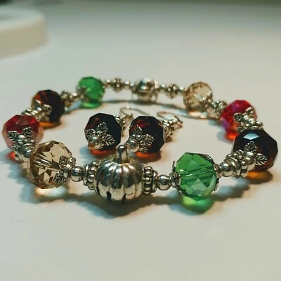 Pulseira elástica de abóbora colorida feita à mão prata outono 8"" e brincos combinando - Imagem 1 de 4