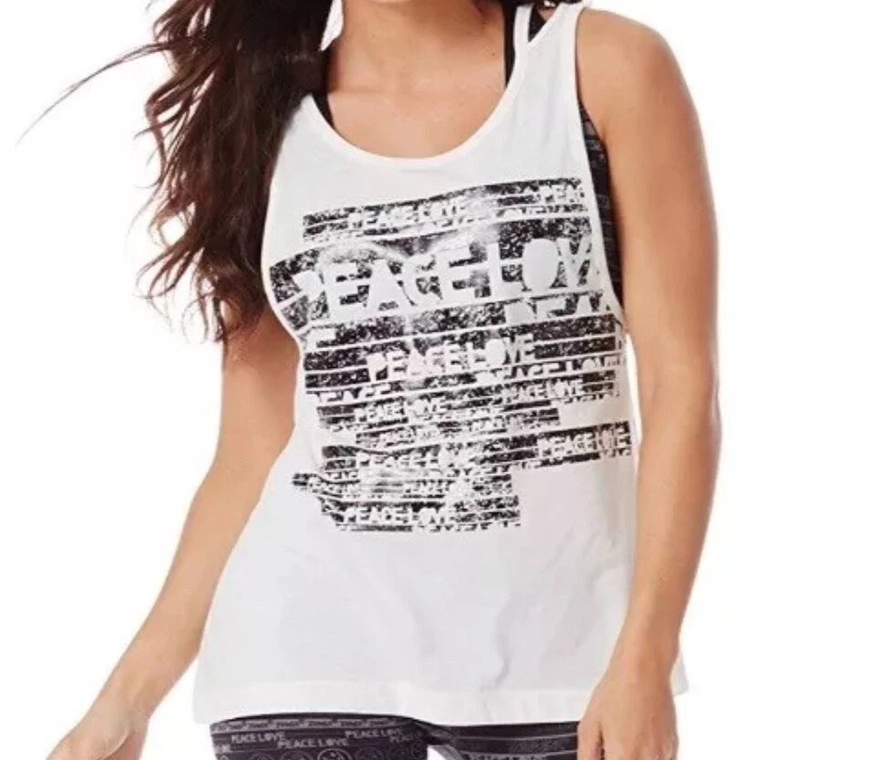 NUEVO Top sin mangas Zumba Wear Peace, Love-N-Loose - BLANCO - MEDIANO Foto 1 de 1