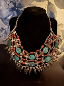 Vintage Silver Tibetan Collar Statement Necklace with Coral and Turquoise Beads - Picture 1 of 24