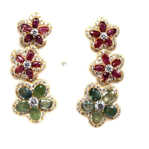 925 Silver Green Sapphire, Red Ruby & White Zircon Birthstone Jewelry Earrings - Picture 1 of 4