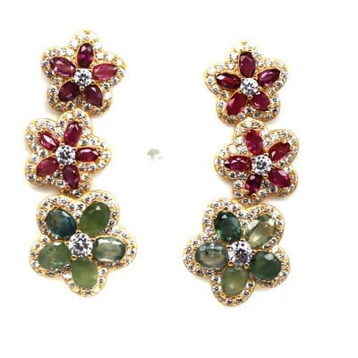 925 Silver Green Sapphire, Red Ruby & White Zircon Birthstone Jewelry Earrings - Image 1 of 4