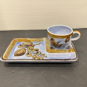 Mexican Pottery Cup & Tray Set Hand Painted Birds Butterfly Floral MEX JAH - Picture 1 of 12