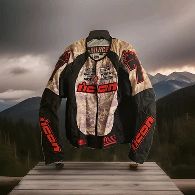 Chaqueta Icon Motorsports Motocicleta Carreras XXL Negra Camuflada Nylon Borde Parches Foto 1 de 4