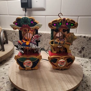 Vtg 1993 MR CHRISTMAS Carousel Ornament Set of 2 CIRCUS ANIMALS ~ Lit & Animated - Picture 1 of 11