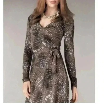 VINTAGE CABI Faux Wrap Midi Dress Brown Black Sz S #658 EUC - Image 1 of 4