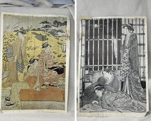 Vintage japanischer Holzschnitt Stil doppelseitige Geisha Szene signiert Ukiyo-e - Bild 1 von 24