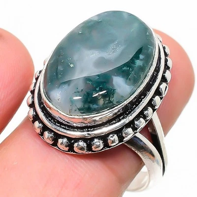 Natural Indian Moss Agate Gemstone 925 Sterling Silver Ring Size 9 k255 - Image 1 of 4