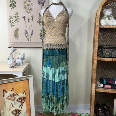 Maxi Falda Boho Costera Vaquera Hada Grunge Y2k Paisley Patchwork Cachemira en Niveles PS S Foto 1 de 4