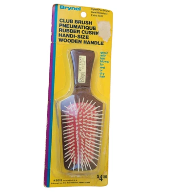 Vintage Brynel Wood Handle Nylon Bristle Hairbrush Brush In Package NOS NEW - Image 1 of 4
