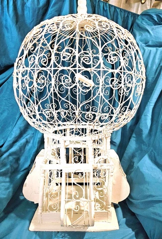 Antique Bird Cage-Handmade Wood And Hand Wired-White In Color-Balloon Top Cover