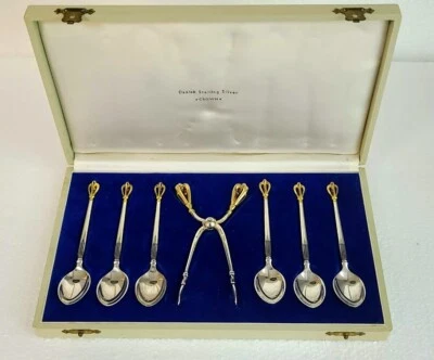 Cucharas de café y pinzas de azúcar W&S SORENSEN Dinamarca corona de oro Sterling Demitasse Foto 1 de 4