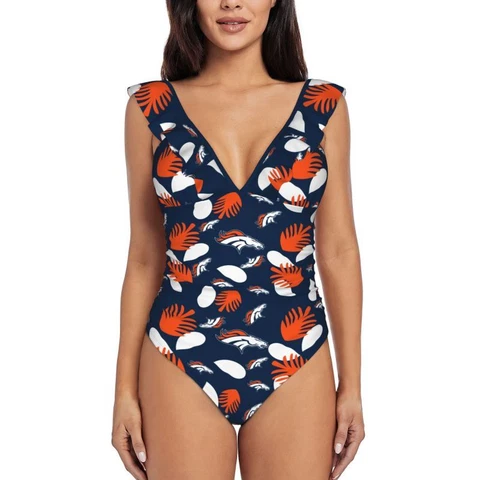 Denver Broncos Women's Ruffle One Piece Swimsuit Hawaiian Printed Swimsuit Cover