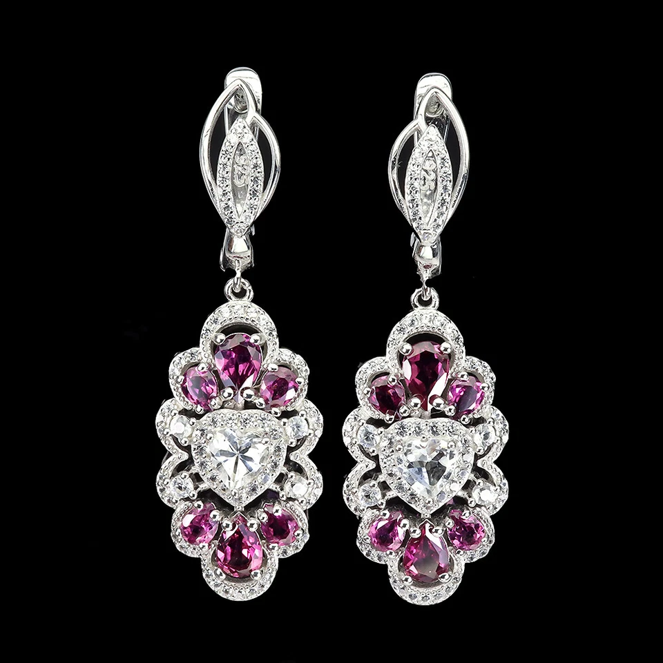 Pendientes de plata de ley 925 corazón topacio blanco rodolita granate piedras preciosas joyería Foto 1 de 4