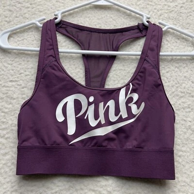 Pink VS Sports Bra XS Purple Pink Wireless Logo Mesh Racerback Workout Bra Logo - Image 1 of 4