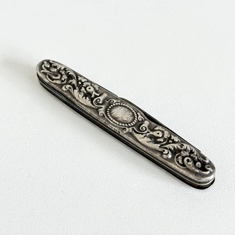 Antique 925 Sterling Silver Floral Ornate Leaves 4 Blade Pocket Knife 2.5" Cover