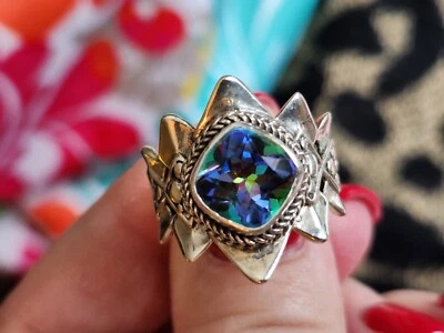 Anel de quartzo místico azul prata esterlina Sarda Artisan Of Bali tamanho 8--8,7 gramas - Imagem 1 de 4