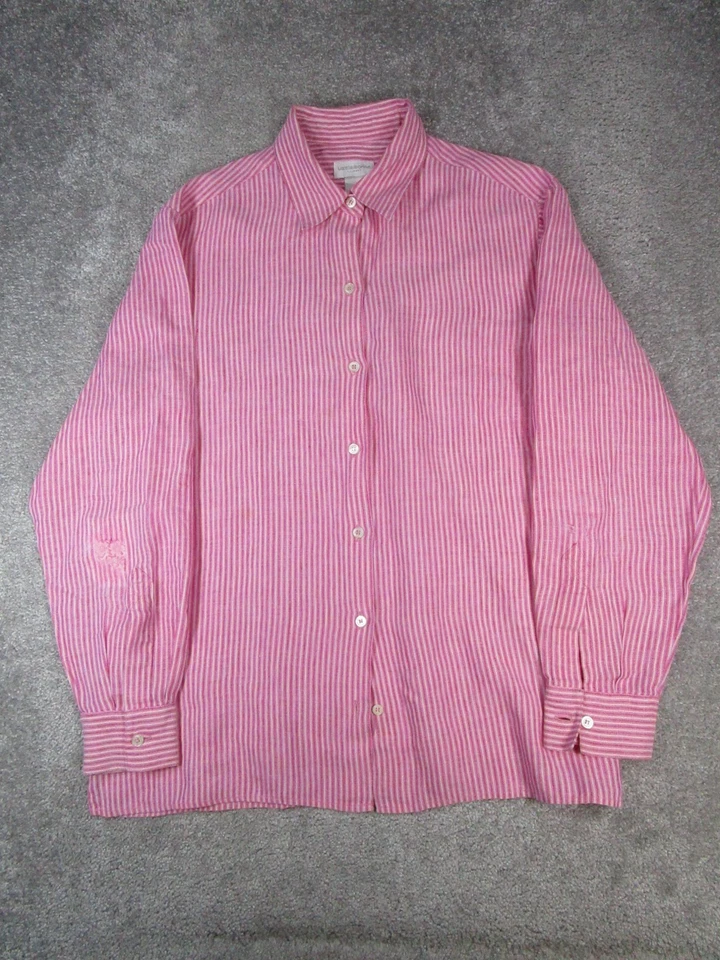 Liz ClaIborne 衬衫女式中号粉色白色亚麻纽扣 * — 第 1/4 张图片