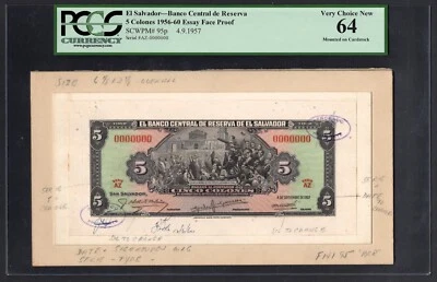 El Salvador 5 Colones 4-9-1957 P95p " Essay Face Proof" Uncirculated Grade 64 - Image 1 of 2