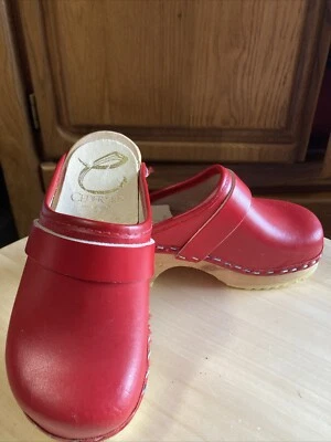VOLLSJO-T CEDER SKO SWEDEN Red Leather Wood CLOGS SZ 26 Toddler US 9.5 Size - Image 1 of 4