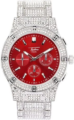Reloj Helado Bling Rapero Banda de Metal Diamante Simulado Plata ROJO Cadera Tornillo de Lujo Foto 1 de 4