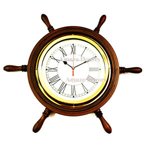 14" Wooden Ship Wheel Clock  / Brass Nautical Home Wall Decor