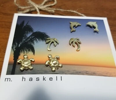 Gold Toned M Haskell Beach Themed Pierced Earrings--Turtles, Dolphin and Palms - Image 1 of 2