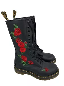 Dr. Martens 1914 Vonda Roses Black Leather 14-Eye Mid Calf Boots Women's US 6 - Picture 1 of 9