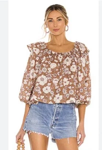 Free People Miss Daisy Printed Top Puff Sleeve Vintage Combo Brown Size XS Boho - Picture 1 of 4