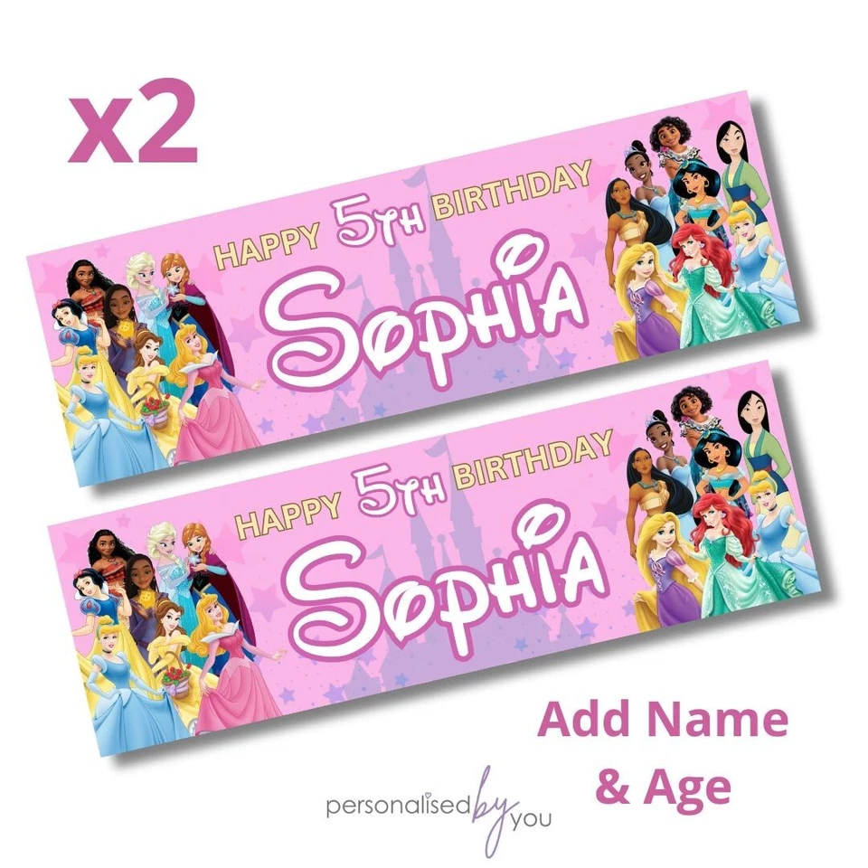 2 x Personalised Disney Princesses Birthday Banner LARGE Kids Party Poster Pink - Image 1 of 1