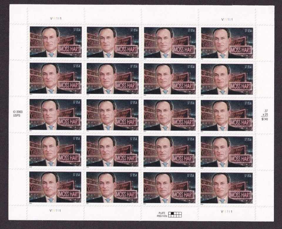 Scott #3882 Moss Hart (Broadway, Theatre) Full Sheet of 20 Stamps - MNH - Image 1 of 1