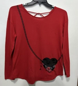 Justice Girl Red Shirt Top Heart Pocket Sequins Rounded Hem Size 18/20 - Picture 1 of 15