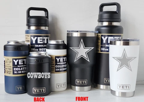 Dallas Cowboys YETI Laser Engraved Tumblers, Can Colsters and Bottles - 2-SIDED Cover