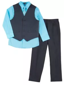 Boys 4 Piece Suit Aqua Blue & Black Pin Stripe Dress Up Outfit Holiday Shirt - Picture 1 of 1