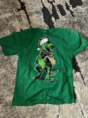 Youth Boys Xl 14-16Green Holiday T-Rex Santa T-Shirt Dinosaur Tee Shirt — 第 1/2 张图片
