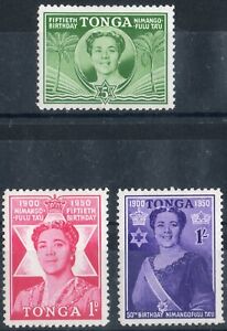 Tonga 1950 KGVI 50th Birthday of Queen Salote set of 3 mint stamps LMM
