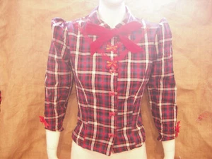 Tartan check puff sleeve blouse pussy bow! Rockabilly,pin up 1940's 50's! XX - Picture 1 of 7