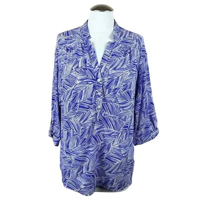 Women's Milly Blue White Palm Leaf 3/4 Sleeves Tropical Blouse Silk Blend Top 10 - Image 1 of 4