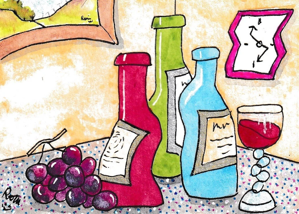 ACEO Original Watercolor Painting DRuNKeN BoTTLeS modern art wine glass clock - Image 1 of 1