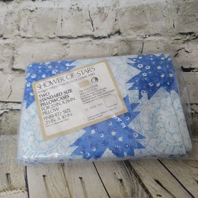 VTG Sears SHOWER OF STARS Blue White Floral Star Standard Pillowcases Set of 2 - Image 1 of 3