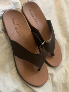 NEW PowerStep Brown Leather Slip-On Slide Thong Sandal Flip Flop Shoes Mens 10 - Picture 1 of 9