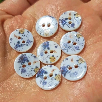 8 botones blancos vintage MOP de 13 mm - estampado de transferencia floral - años 60, estilo Japón Foto 1 de 4