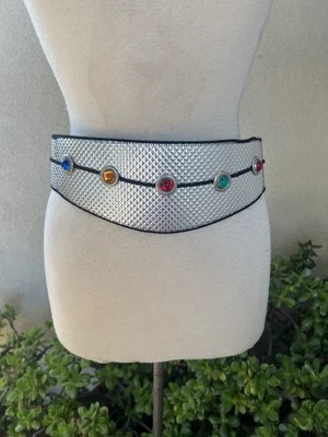 Vtg Bold Wide Waist Belt Metallic Silver Fits 35” M/L - Image 1 of 4