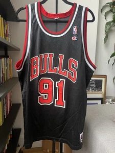 Vintage Dennis Rodman Chicago Bulls Champion Jersey Mens 48 (XL) Black #91 NBA - Picture 1 of 7