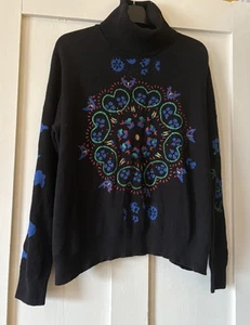 Desigual Black Sparkle Embroidered Cotton Knit Polo Neck Jumper Small (Bust 52") - Picture 1 of 10