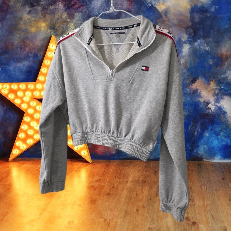 Tommy Hilfiger Sport укороченный толстовка женщин S серый красный логотип отделки спортивный молнии - Изображение 1 из 4