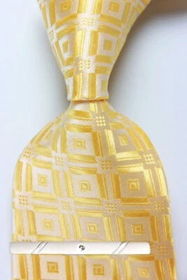 Nueva corbata clásica a cuadros amarilla tejida jacquard 100 % seda para hombre Foto 1 de 4