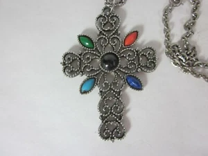 Avon Mosaic Cross Silver Tone Pendant Necklace Vintage multi color 24" - Picture 1 of 8